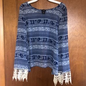 BOHO OPEN BACK Blue Elephant Flowy Shirt